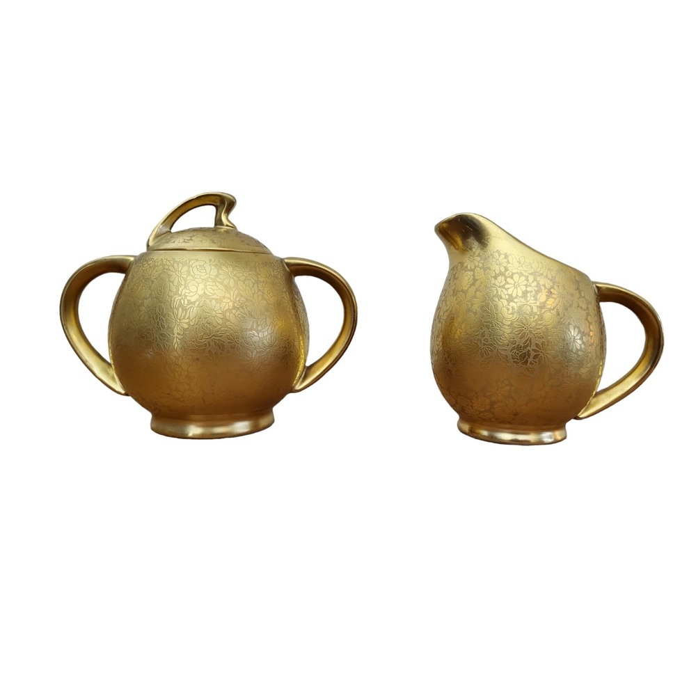 22Kt Gold Gilt Porcelain Osborne Sugar‎ Bowl Creamer Lidded Floral Design Signed